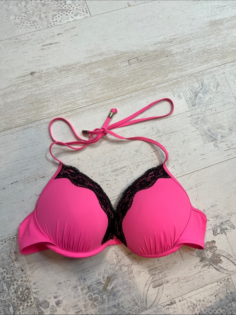 Pink Victoria’s Secret Y2K Pink and Black Lace Padded Bikini Top Medium